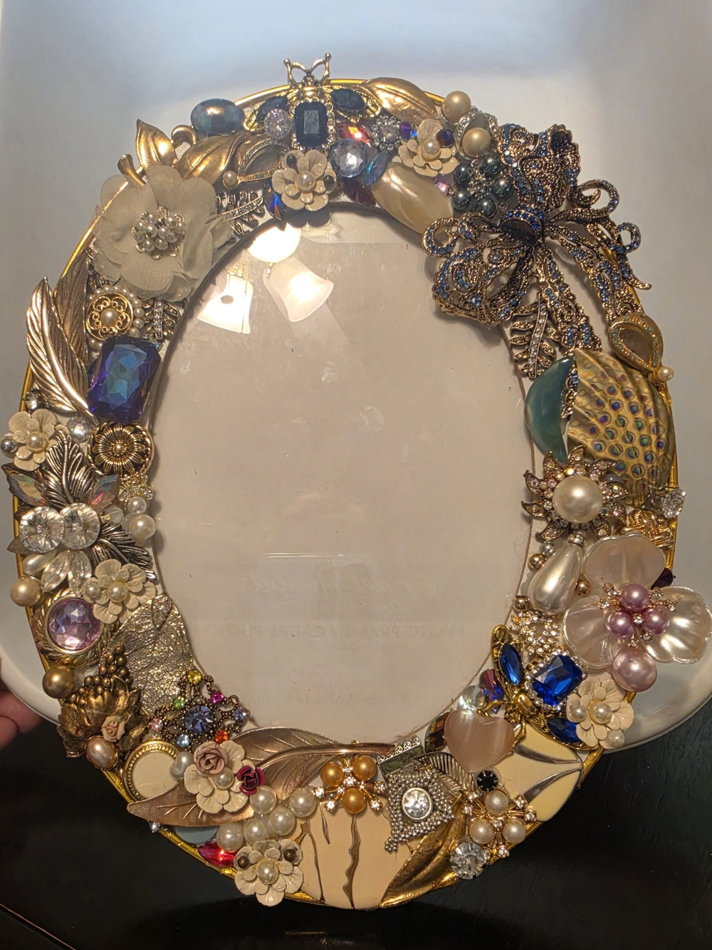 Embellished Jeweled Oval Photo Frame - Gold, Blue, Pearl Accents